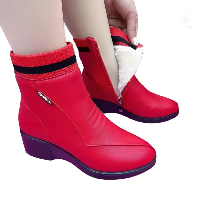 2024 Women's Red Winter Warm Platform Boots - High-Quality Anti-Slip Wear-Resistant Short Rome Style Modern Boots