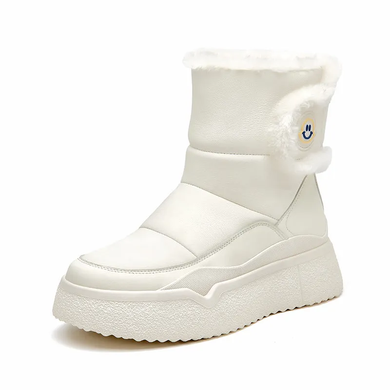 BeauToday Cow Leather Chunky Snow Boots with Warm Fleece for Women