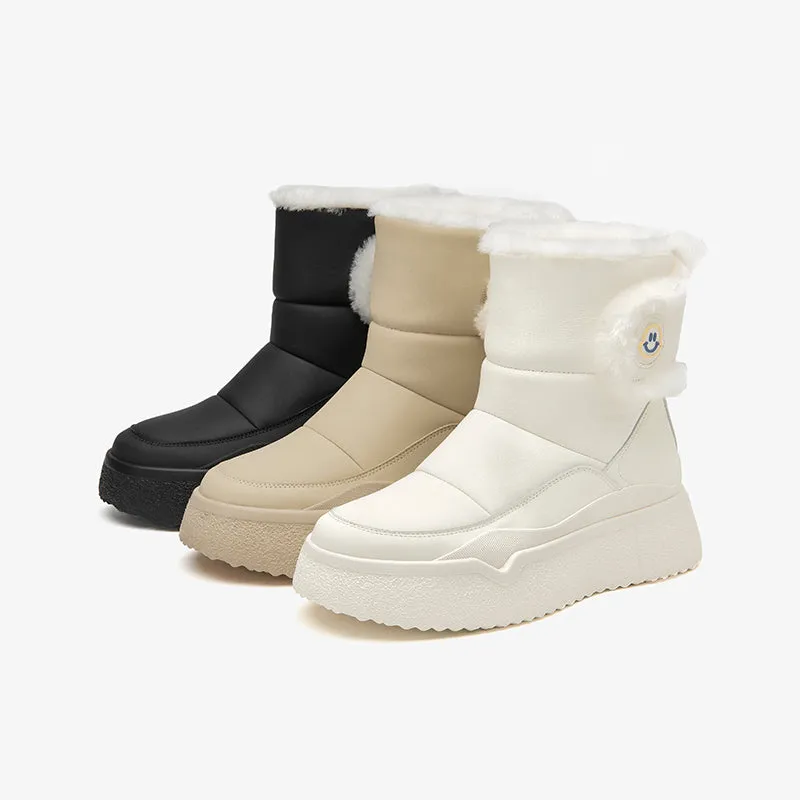 BeauToday Cow Leather Chunky Snow Boots with Warm Fleece for Women