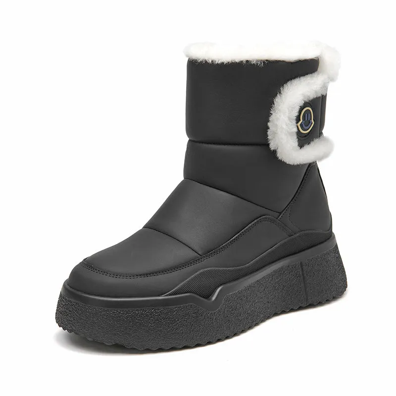 BeauToday Cow Leather Chunky Snow Boots with Warm Fleece for Women