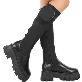 Black Knee High Sock Purse Chunky Boots