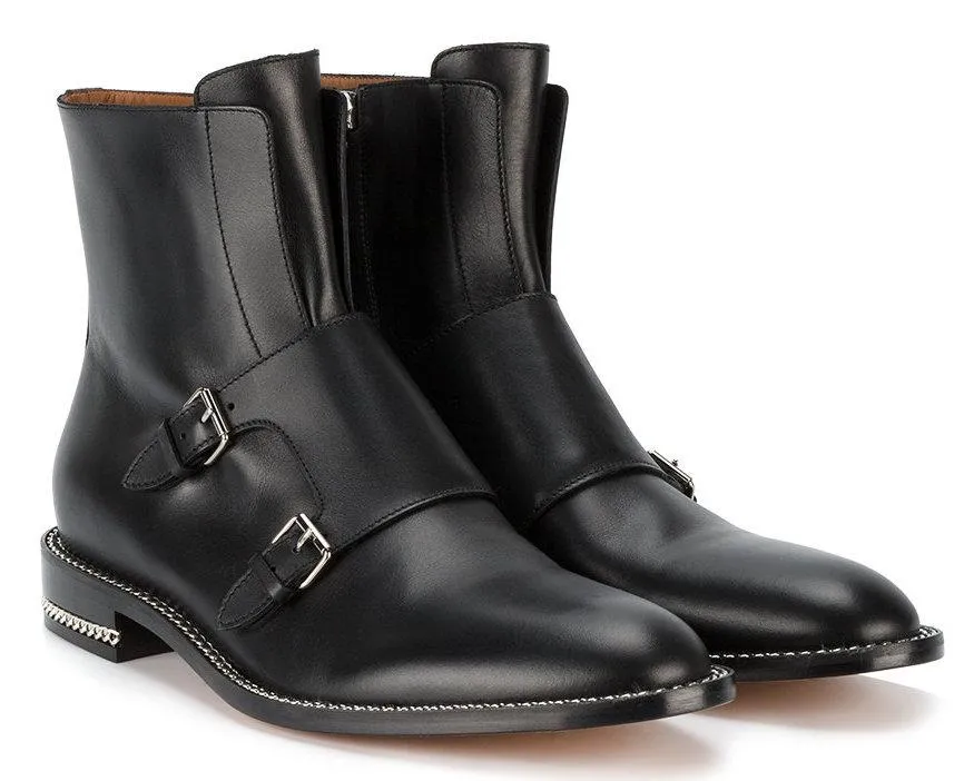 Black Monk Strap Leather Ankle Boots
