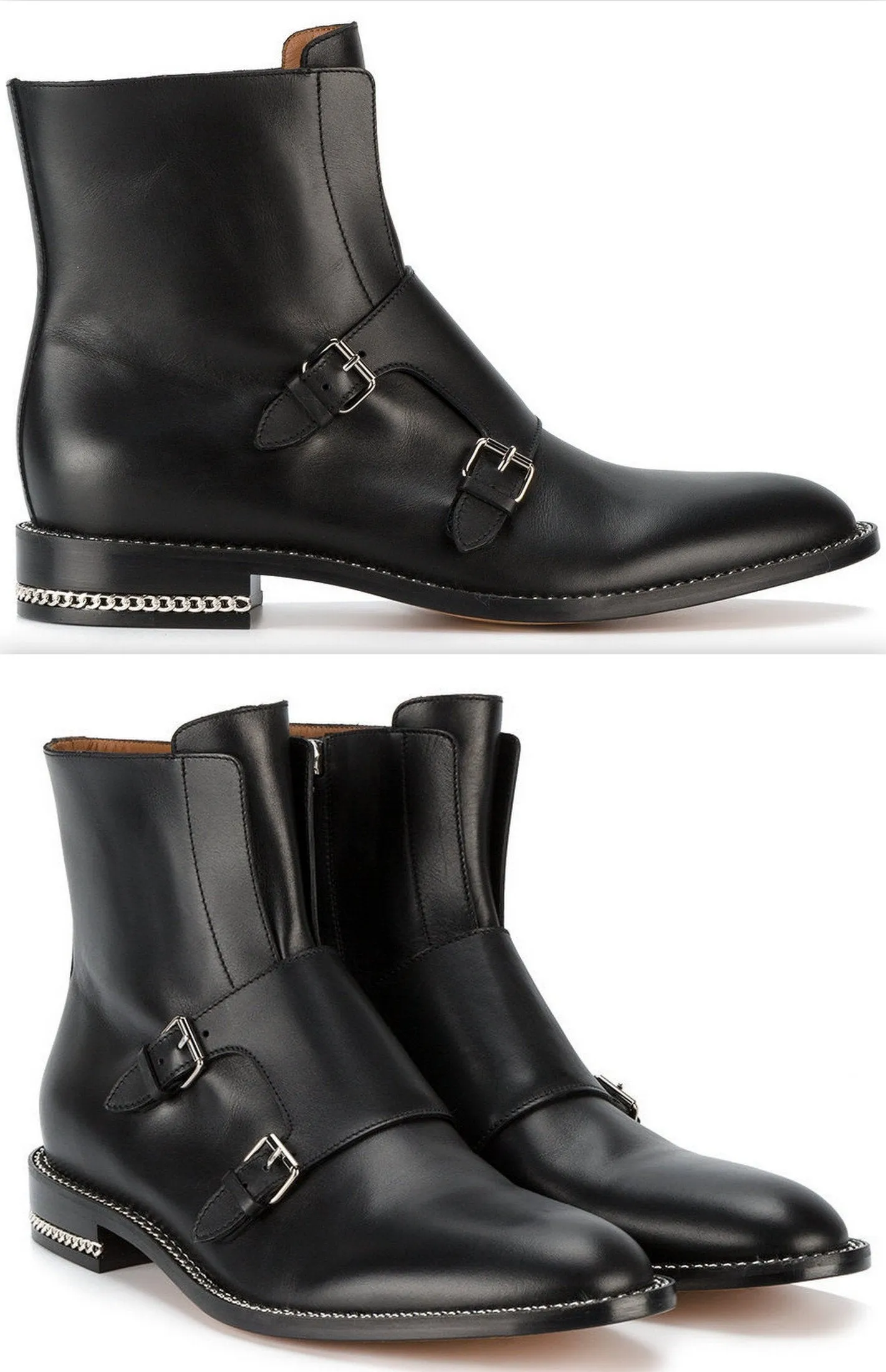 Black Monk Strap Leather Ankle Boots