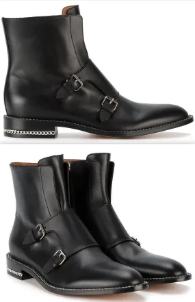 Black Monk Strap Leather Ankle Boots