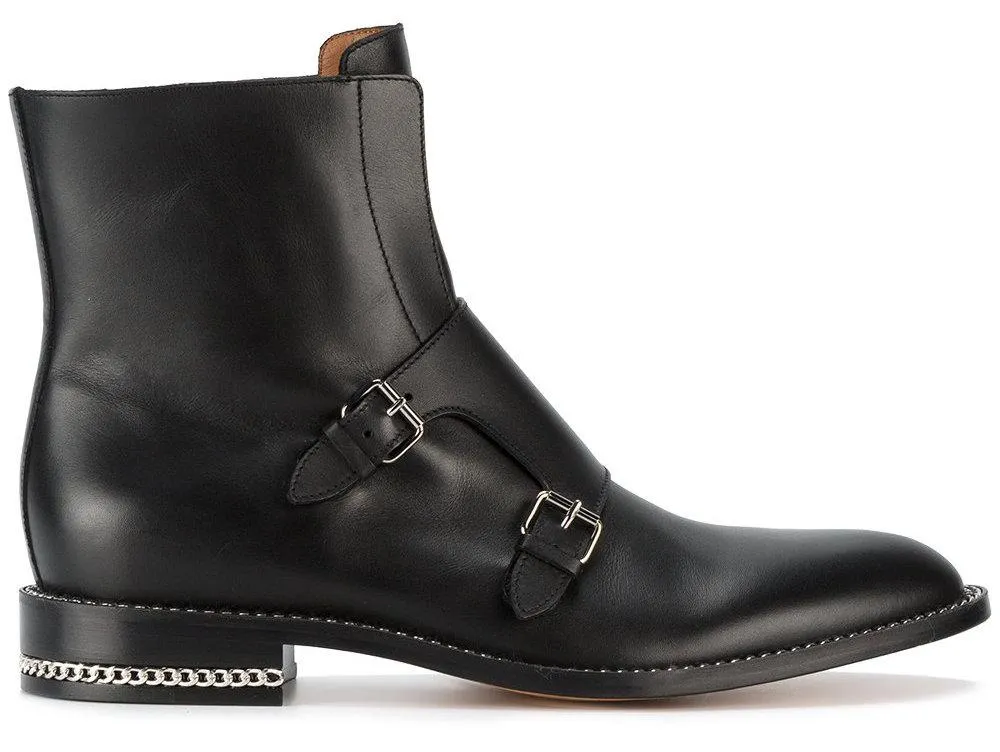 Black Monk Strap Leather Ankle Boots