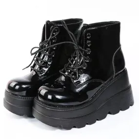 Black Patent Faux Leather Lace Up Platform Boots