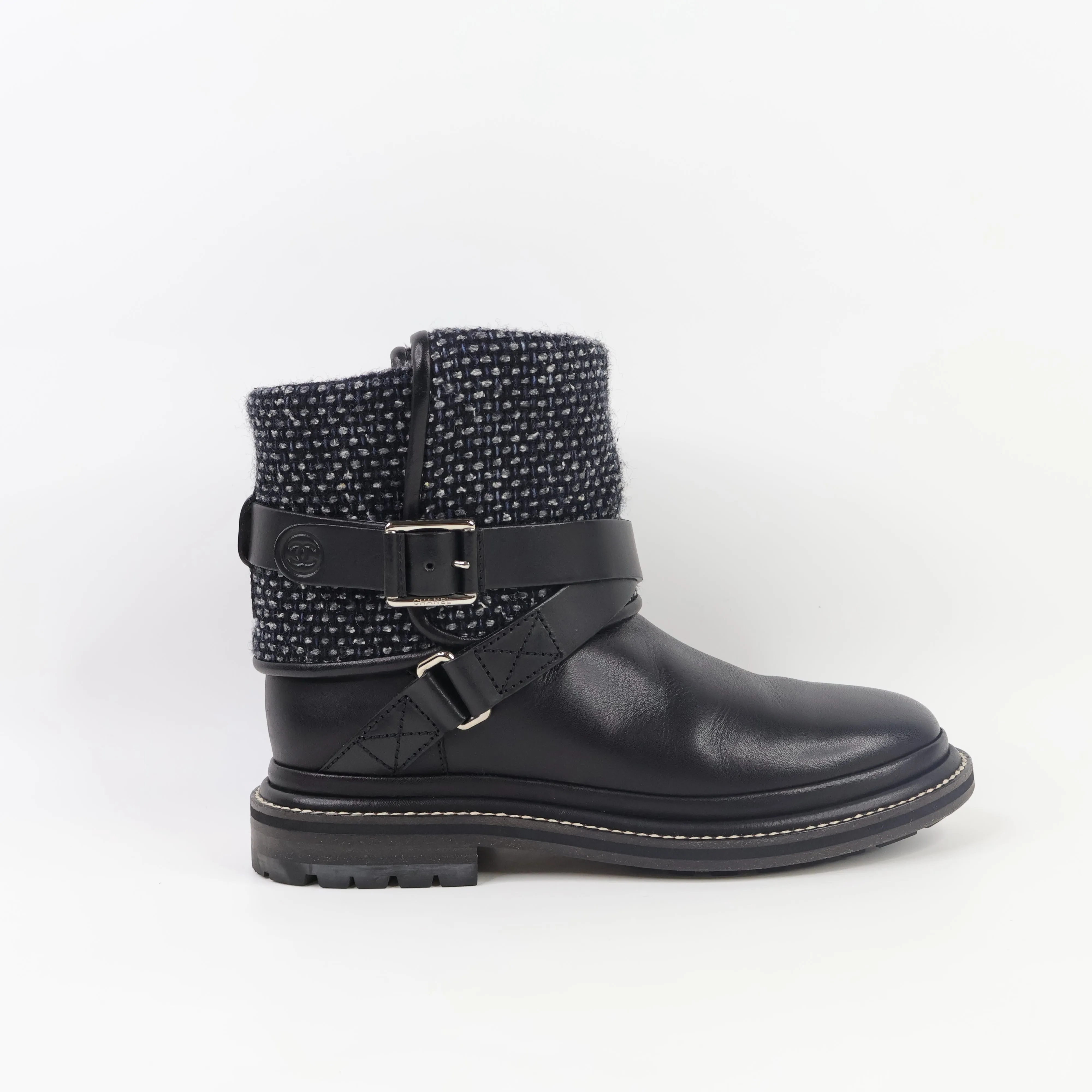 Chanel Short Boots Black Tweed 35