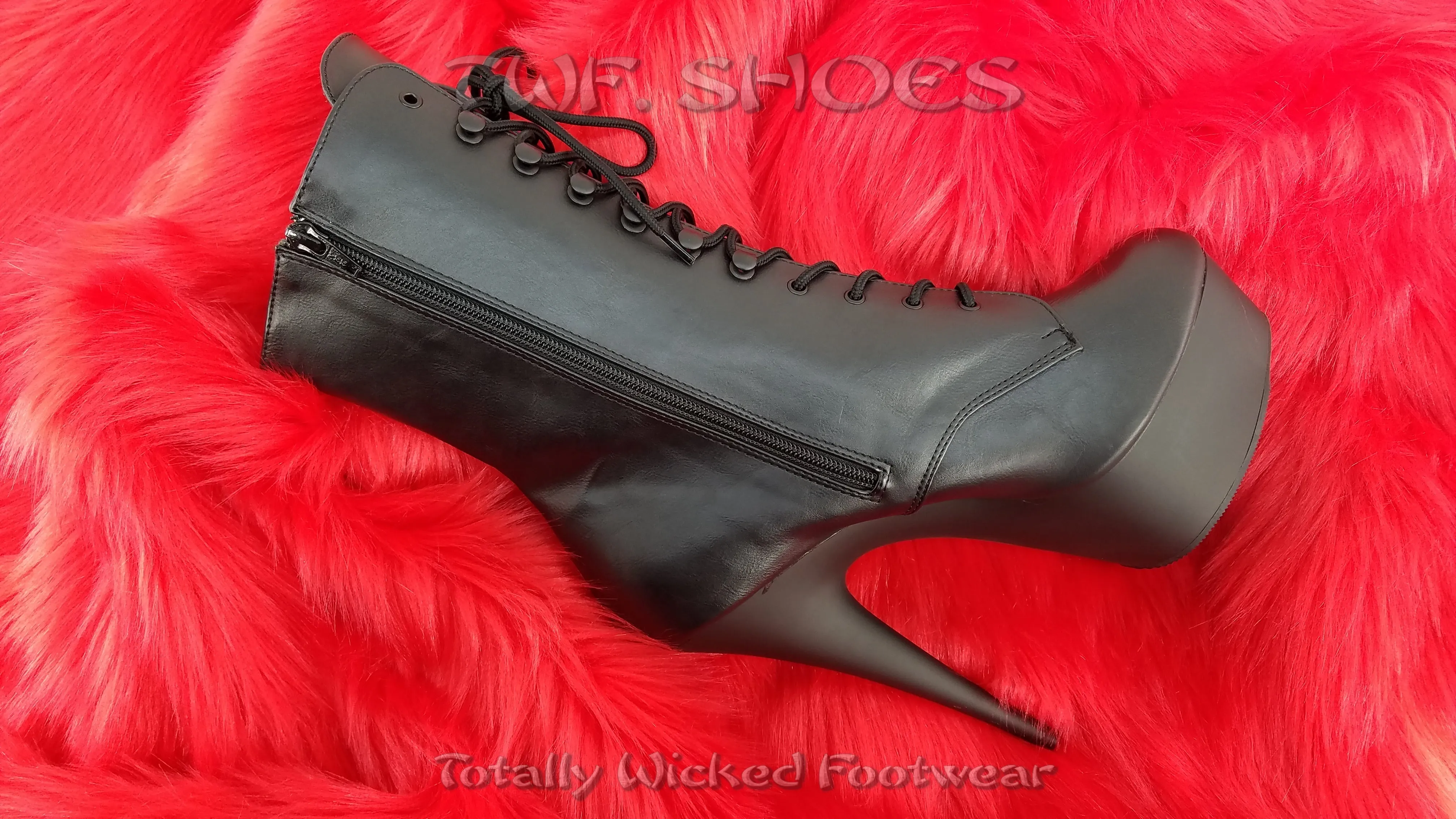 Delight 1020PK Black Matte Moto Lace Up  6" High Heel Ankle Boots
