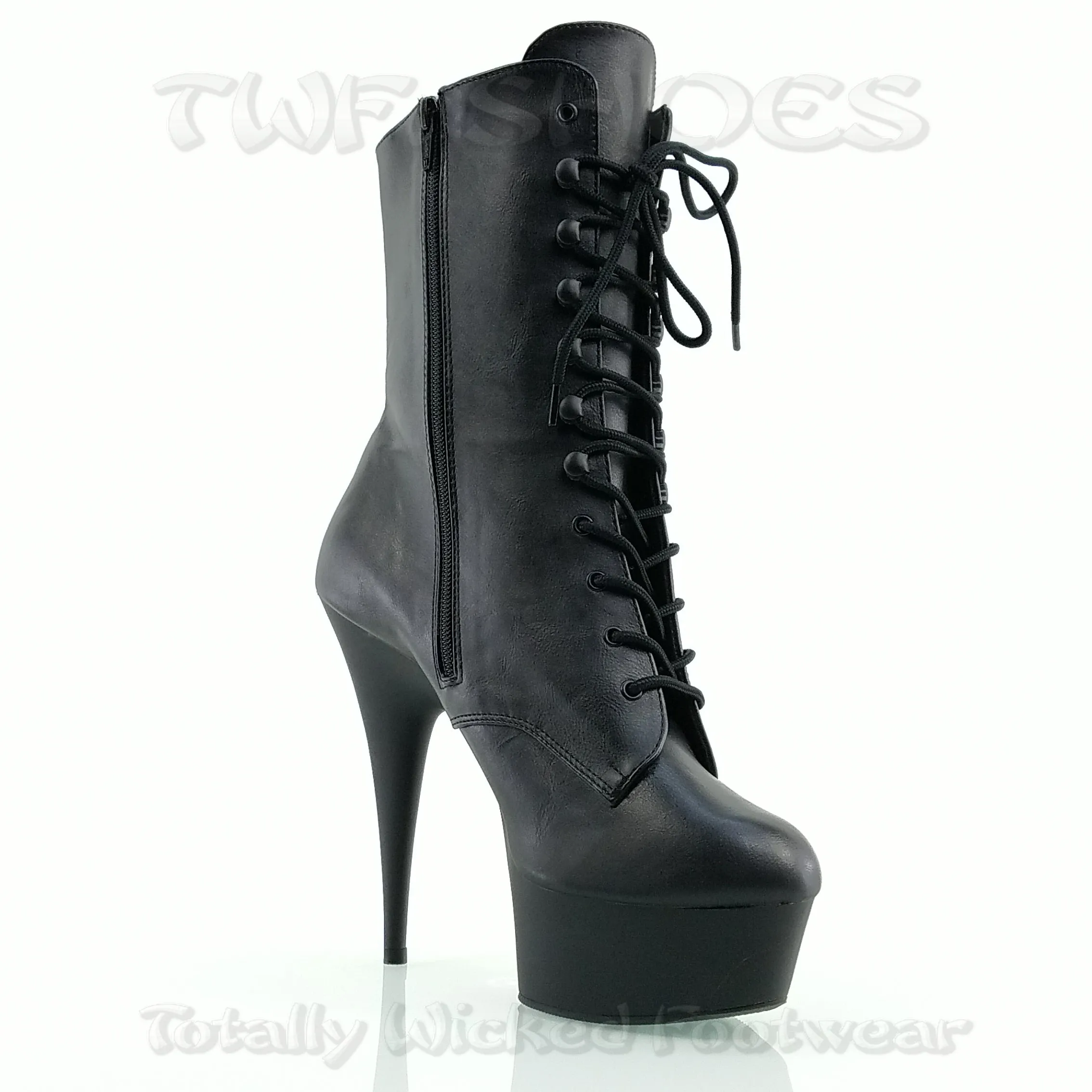 Delight 1020PK Black Matte Moto Lace Up  6" High Heel Ankle Boots