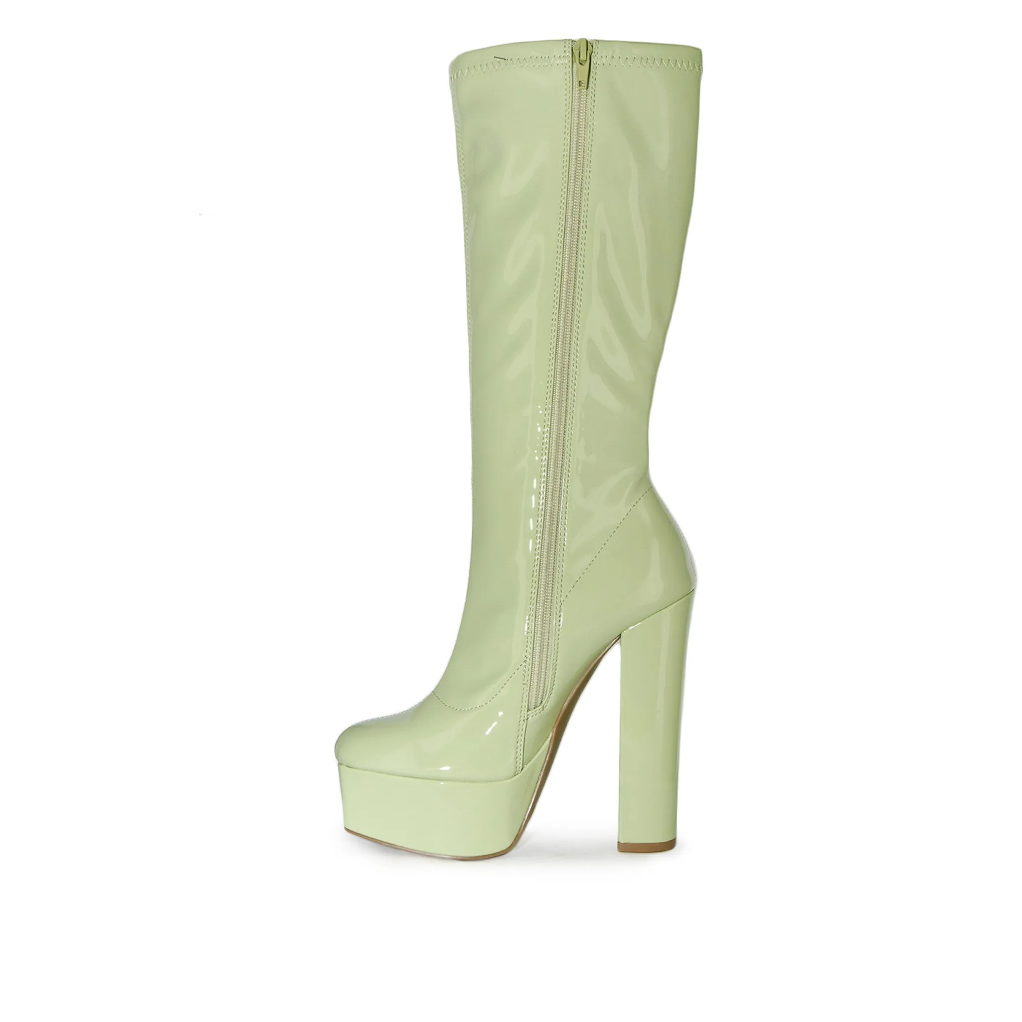 DOSSY-04 Patent Mid-Calf Platform Chunky Block Heel Boots