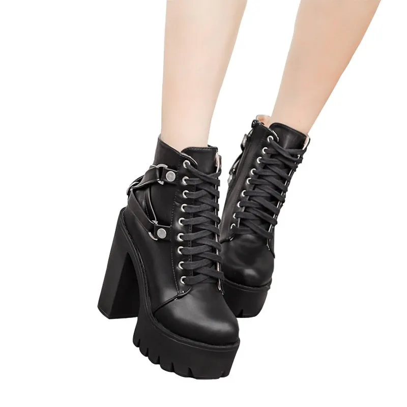 Fashion Black Boots Women Designer platform High Heel Spring Autumn Lace-up Soft Leather Platform Shoes