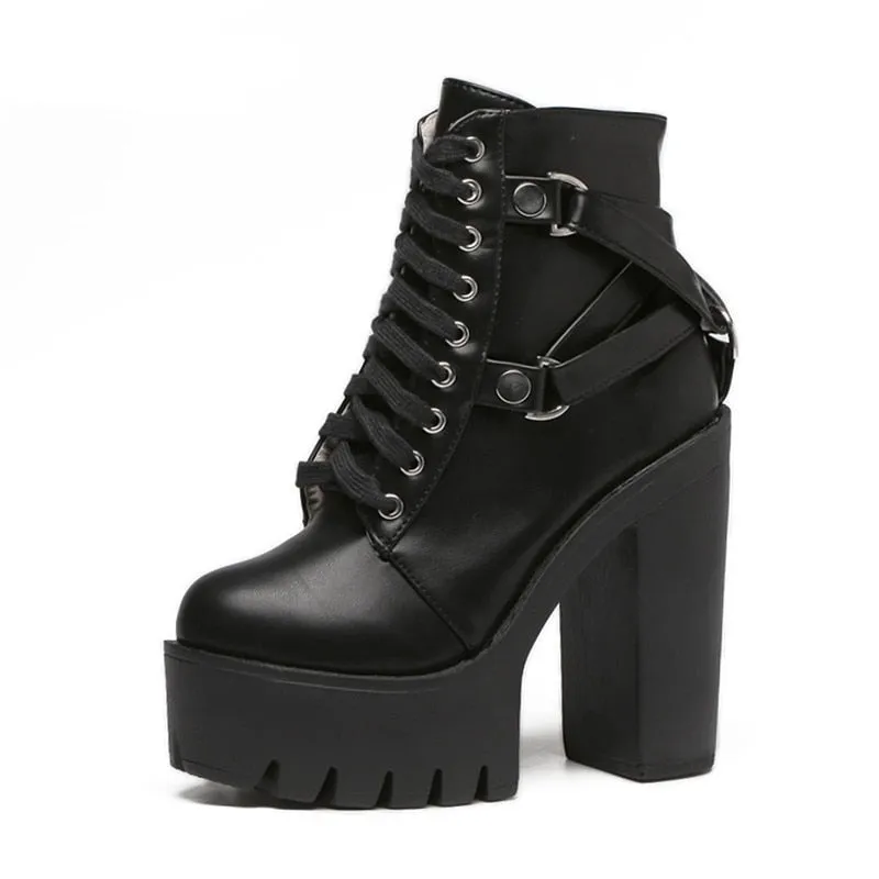 Fashion Black Boots Women Designer platform High Heel Spring Autumn Lace-up Soft Leather Platform Shoes