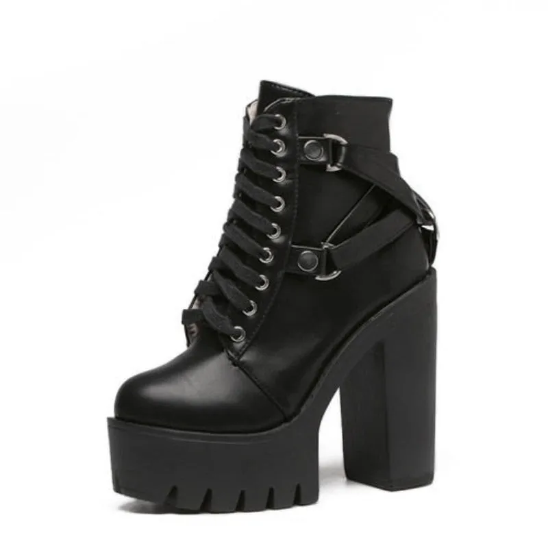 Fashion Black Boots Women Designer platform High Heel Spring Autumn Lace-up Soft Leather Platform Shoes