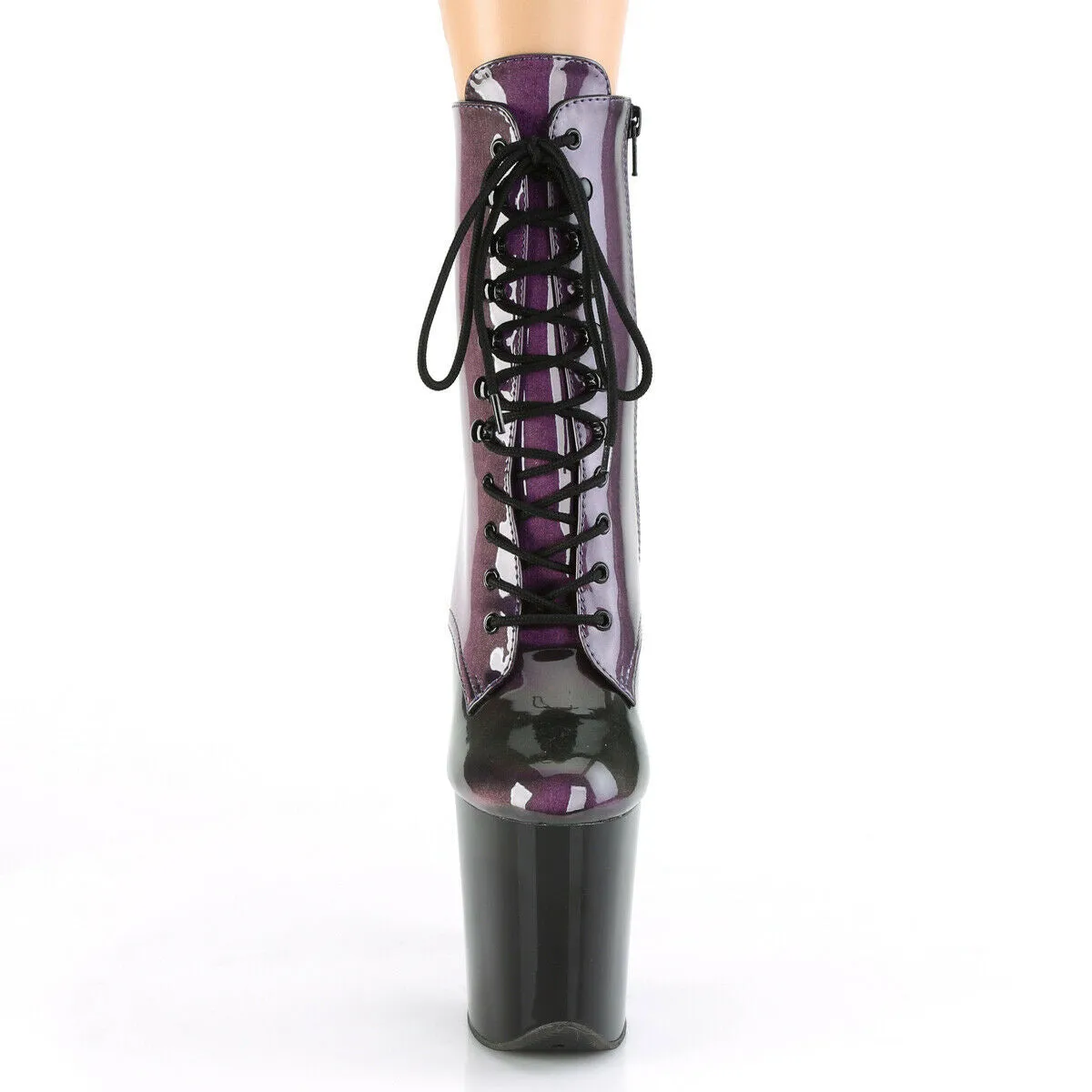 Flamingo 1020SHG Olive Purple Patent 8" Heel Platform Lace Up Ankle Boots -Direct
