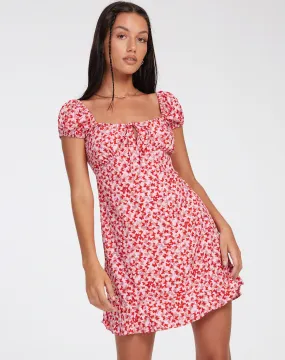 Galaca Mini Dress in Ditsy Butterfly Peach and Red