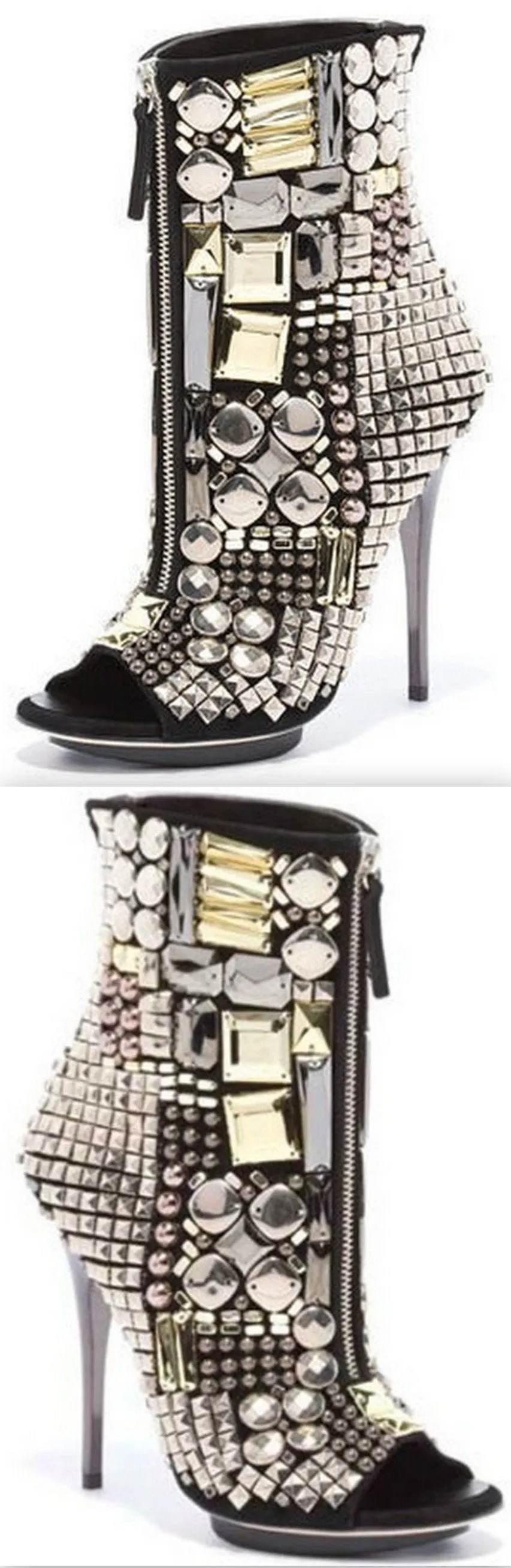 Jewel-Embellished Peep Toe Boots