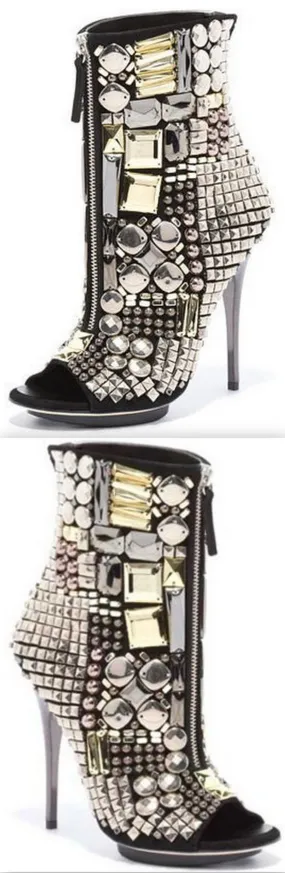 Jewel-Embellished Peep Toe Boots