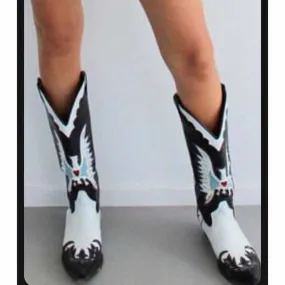 Ladies Embroidery Western Cowboy Boots Mid-Calf Pointy Toe Chunky Heel Cowgirl Boots