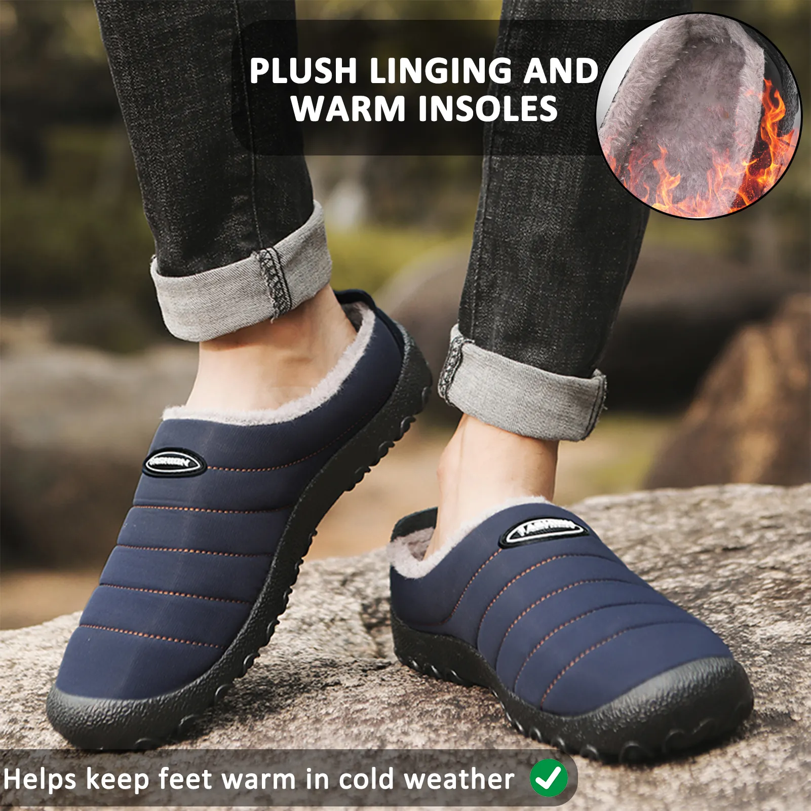 Men's Plush Lining Waterproof Fabric Slip On Soft Sole Casual Slipper