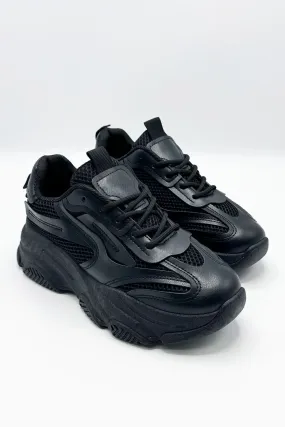 Nyla Chunky Sole Lace-Up Mesh Panel Trainers in Black