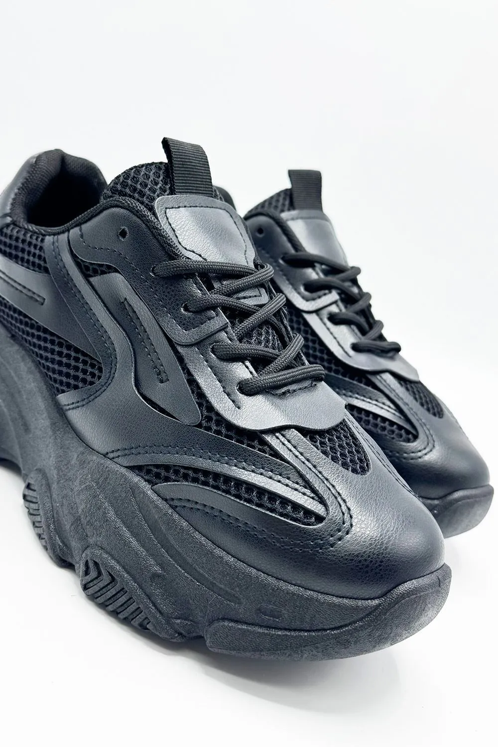 Nyla Chunky Sole Lace-Up Mesh Panel Trainers in Black