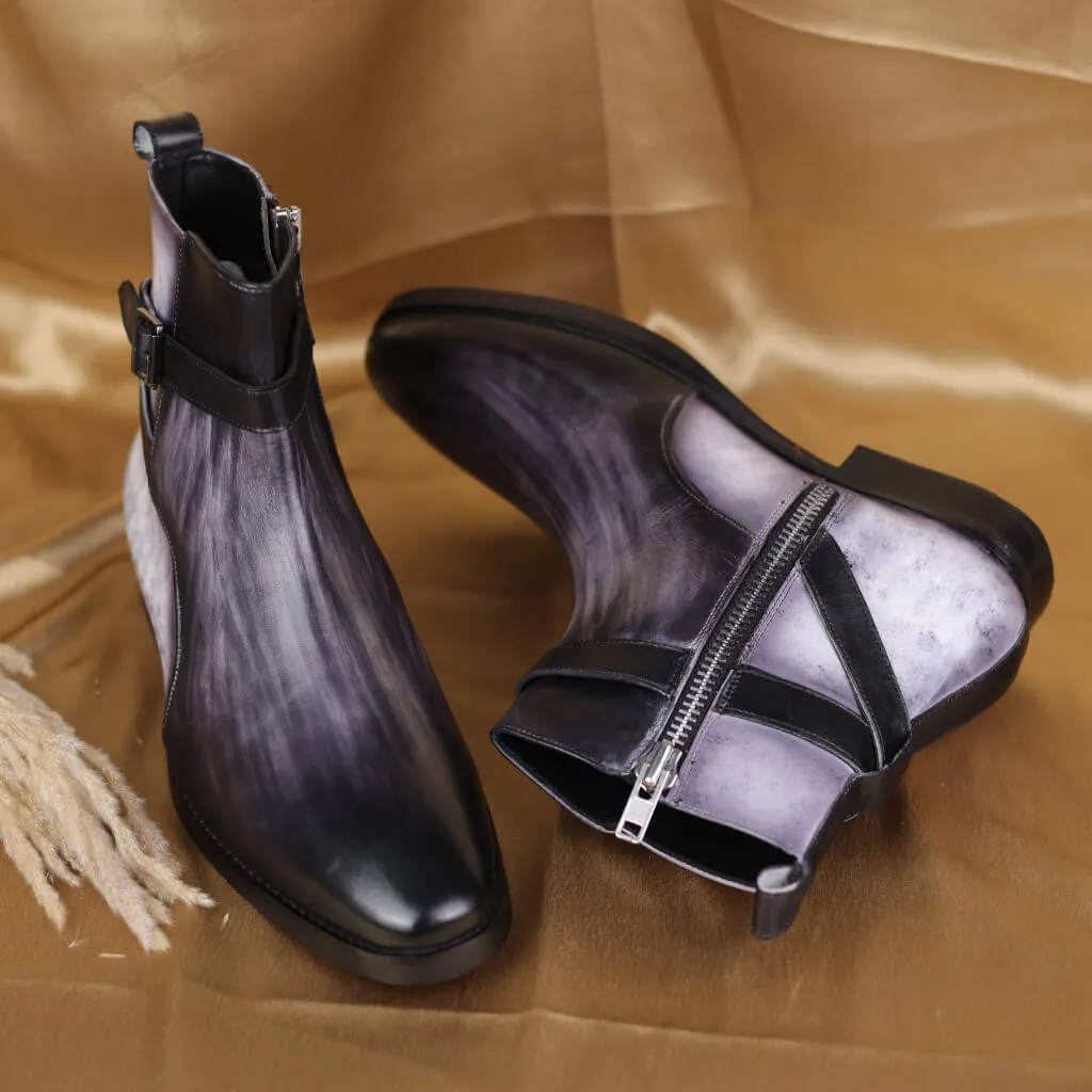 Obsidian Stride: Patina Grey and Black Boots