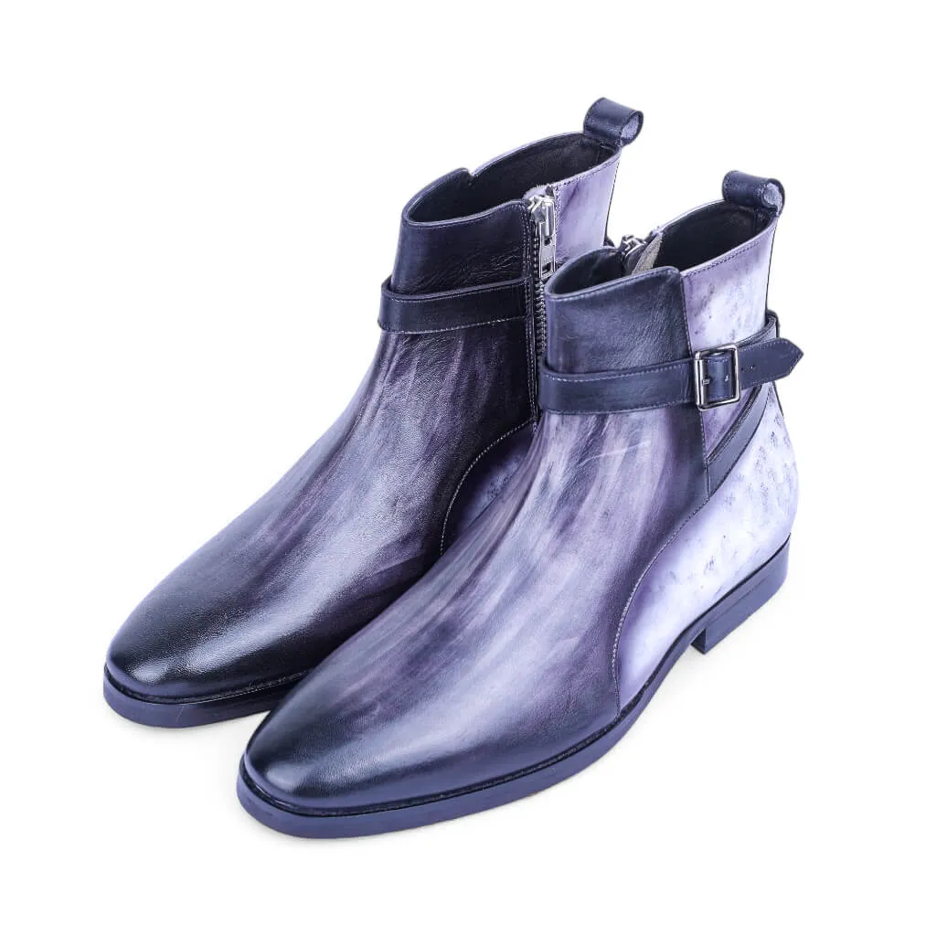 Obsidian Stride: Patina Grey and Black Boots