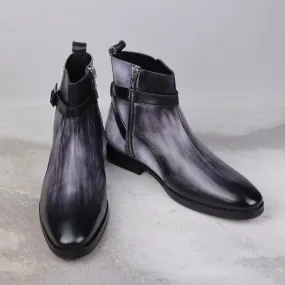 Obsidian Stride: Patina Grey and Black Boots