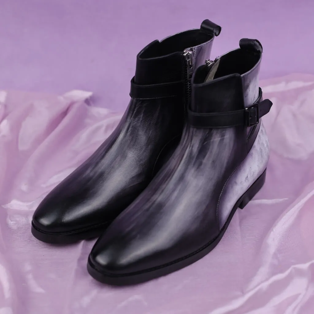 Obsidian Stride: Patina Grey and Black Boots