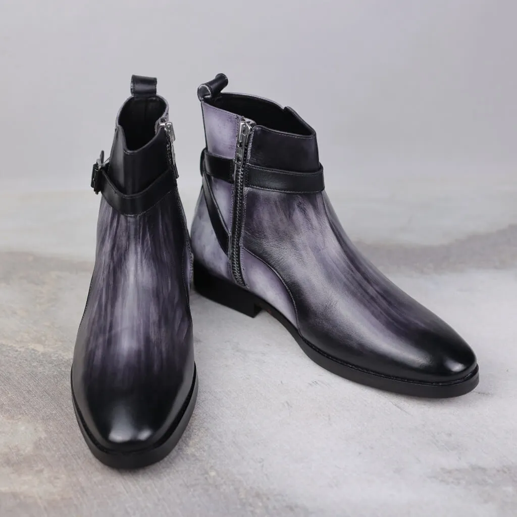 Obsidian Stride: Patina Grey and Black Boots
