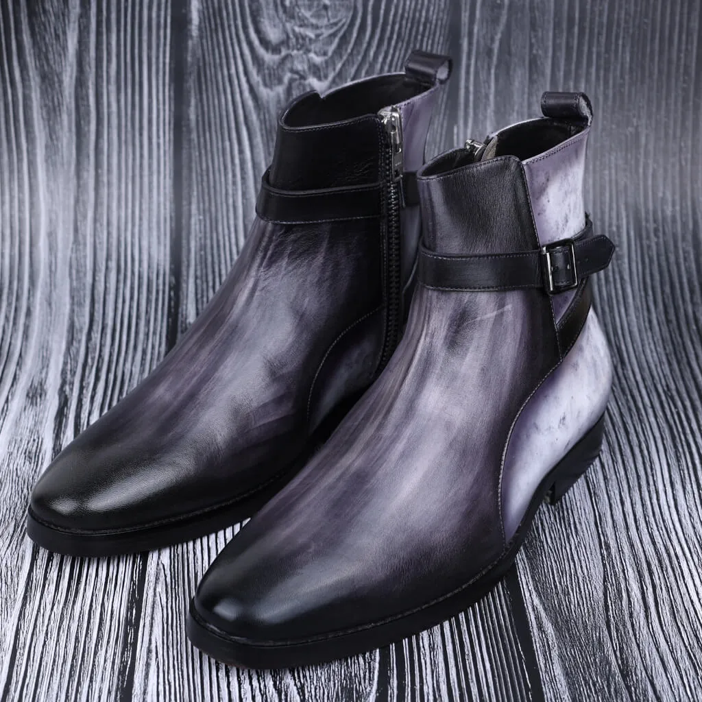 Obsidian Stride: Patina Grey and Black Boots
