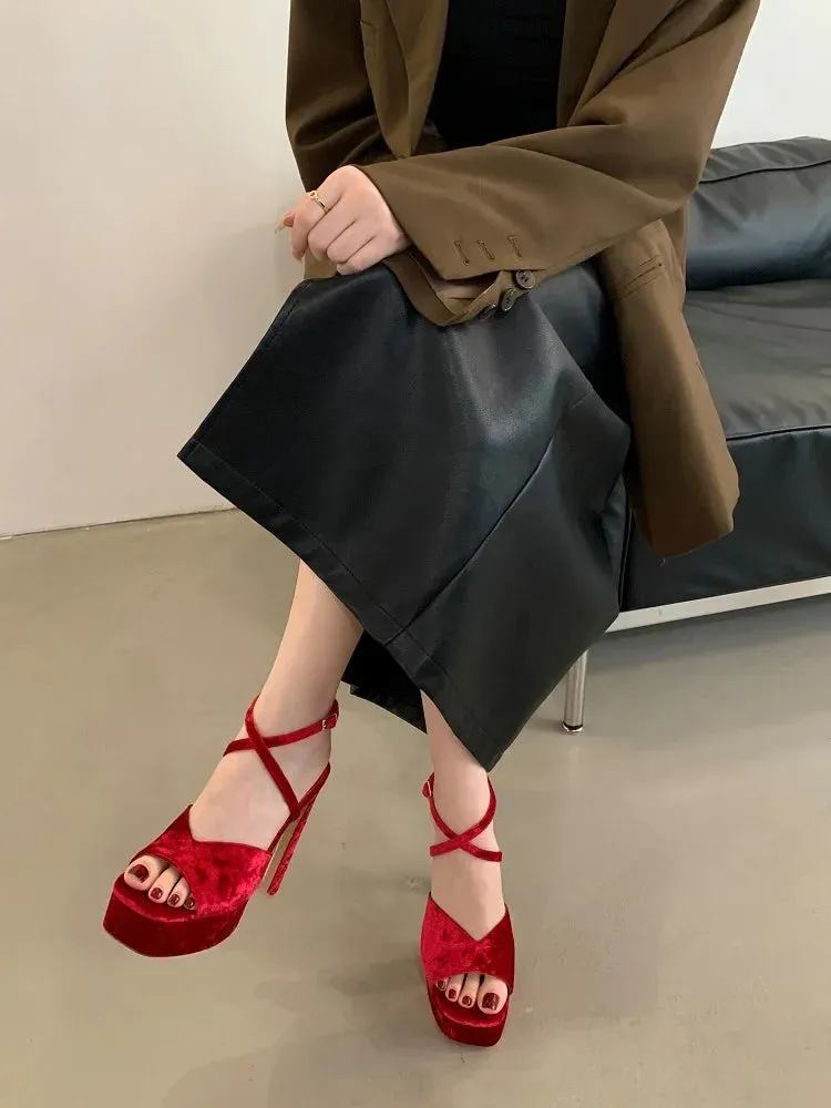 Platform Square Toe High Heels Buckle Strap Shoes