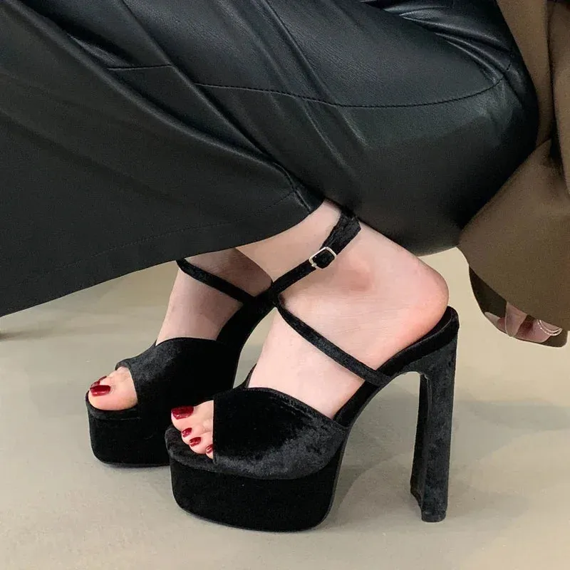 Platform Square Toe High Heels Buckle Strap Shoes