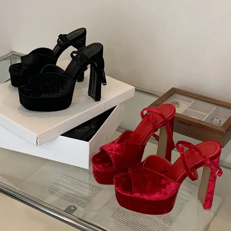 Platform Square Toe High Heels Buckle Strap Shoes
