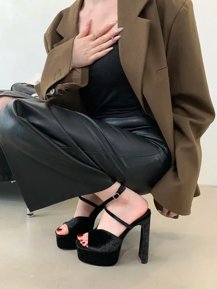 Platform Square Toe High Heels Buckle Strap Shoes