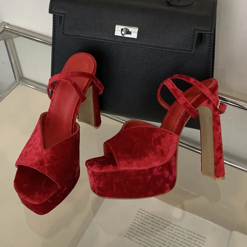 Platform Square Toe High Heels Buckle Strap Shoes