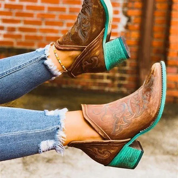 Pointed Thick Heel Over-embroidered Large Size Women's Short Boots