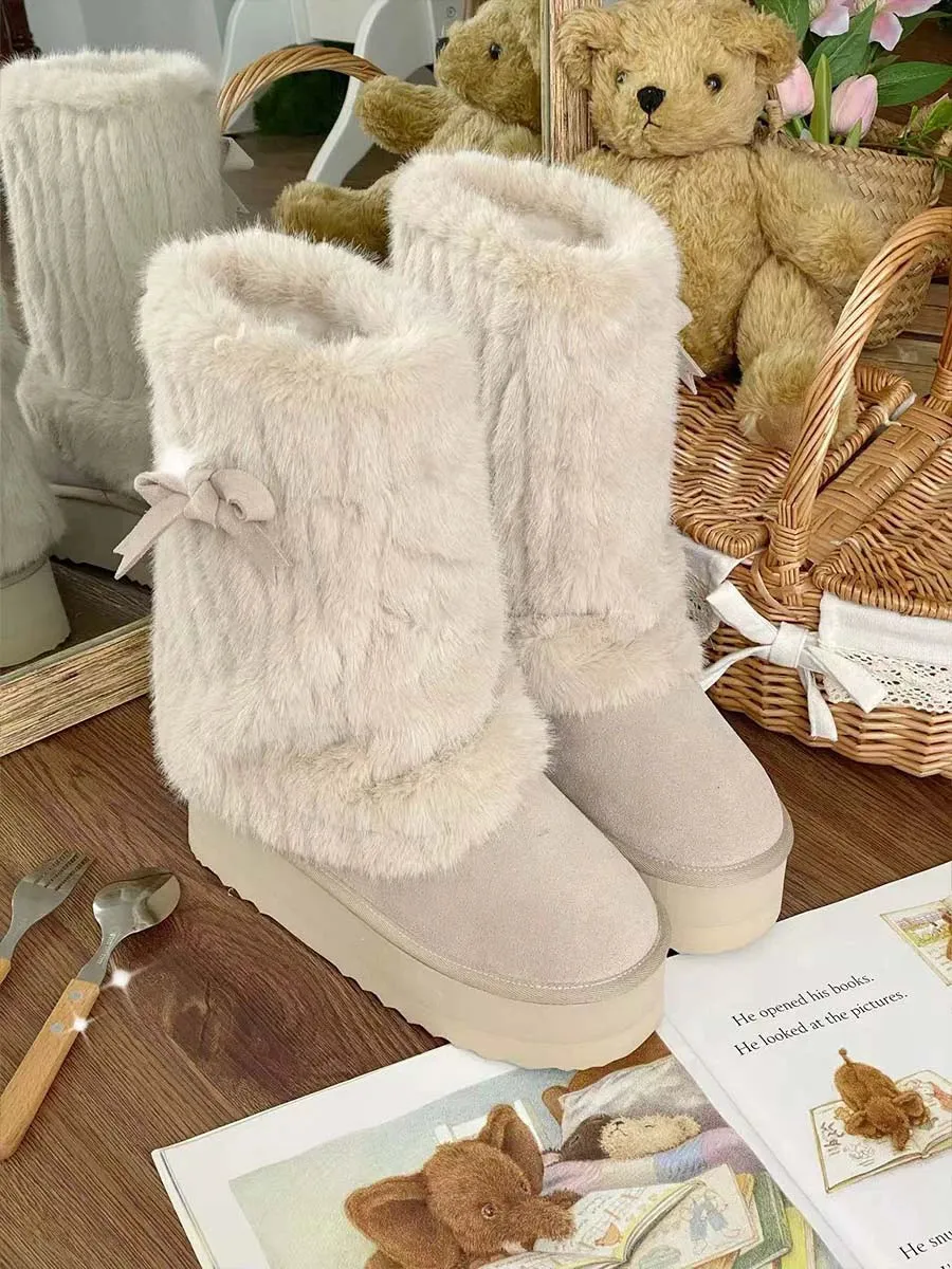 Pure Tea For Dream~Winter Love Song~Winter Lolita Mid-Calf Boots Plush Snow Boots Thick Sole