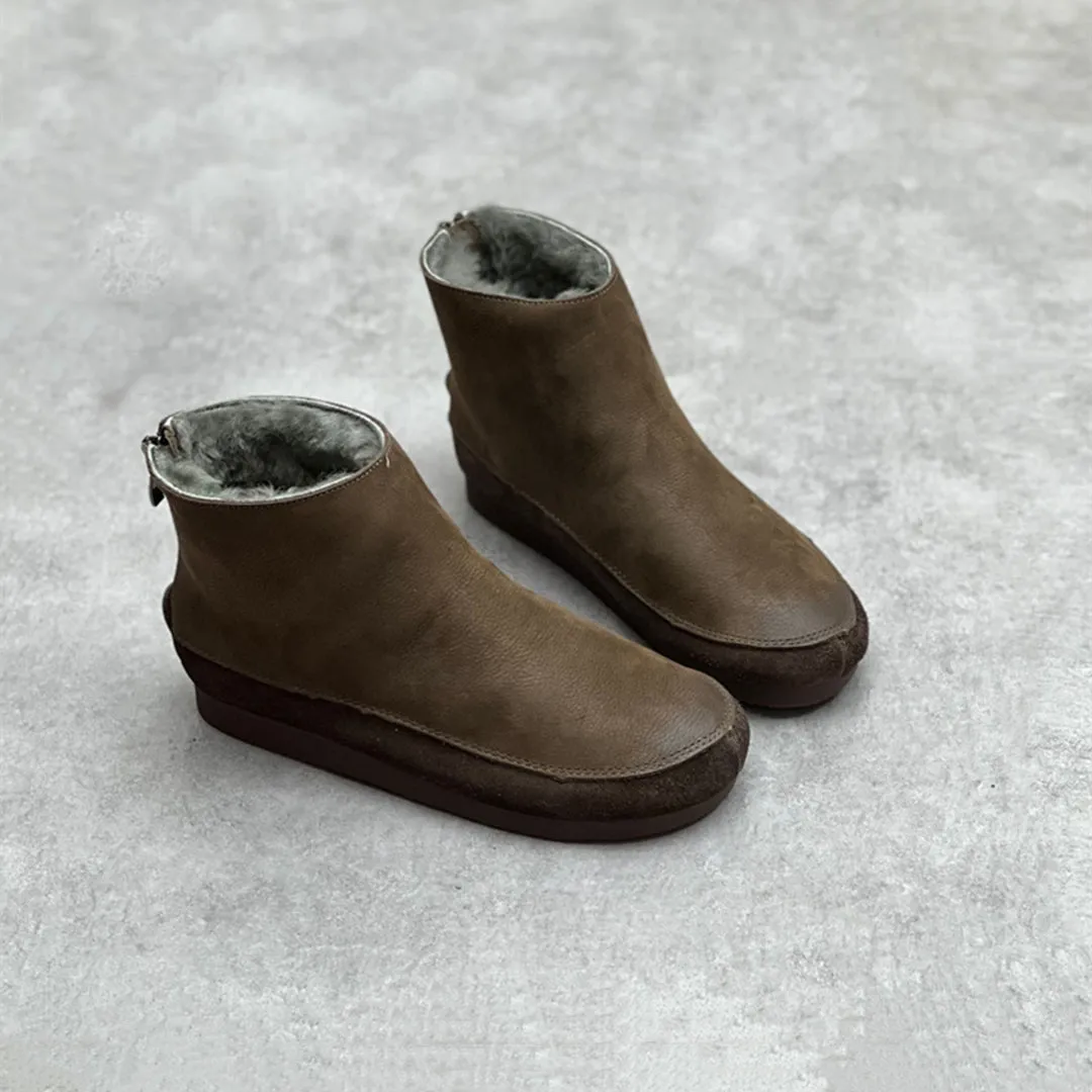 Retro Rear-Zipper Soft Leather Snow Boots