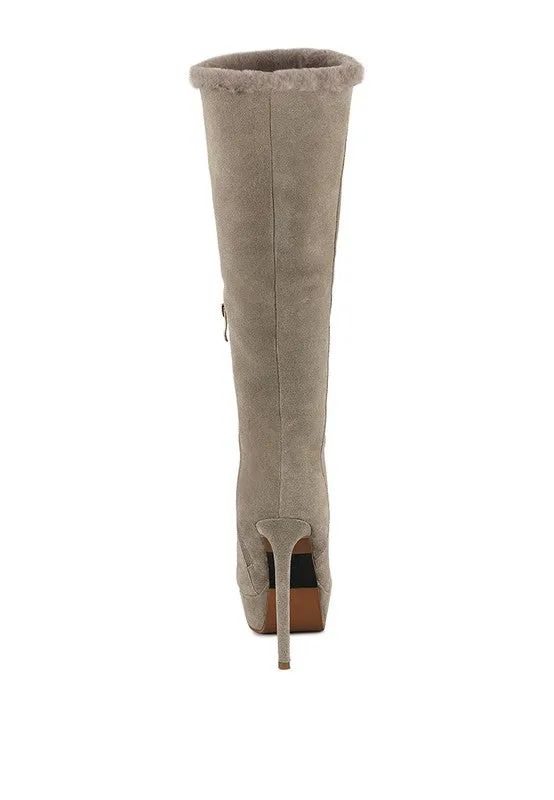 Suede Side Zipper  Knee High Fur Boots