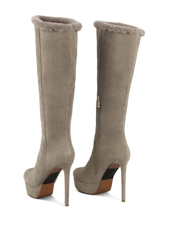 Suede Side Zipper  Knee High Fur Boots