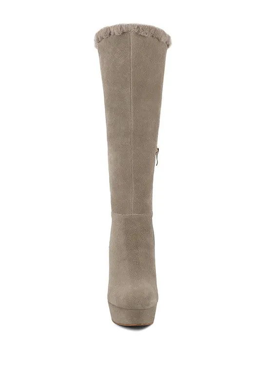 Suede Side Zipper  Knee High Fur Boots