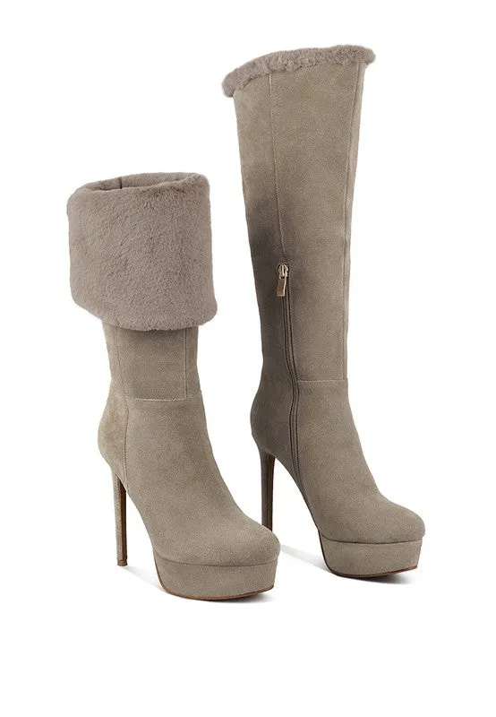 Suede Side Zipper  Knee High Fur Boots