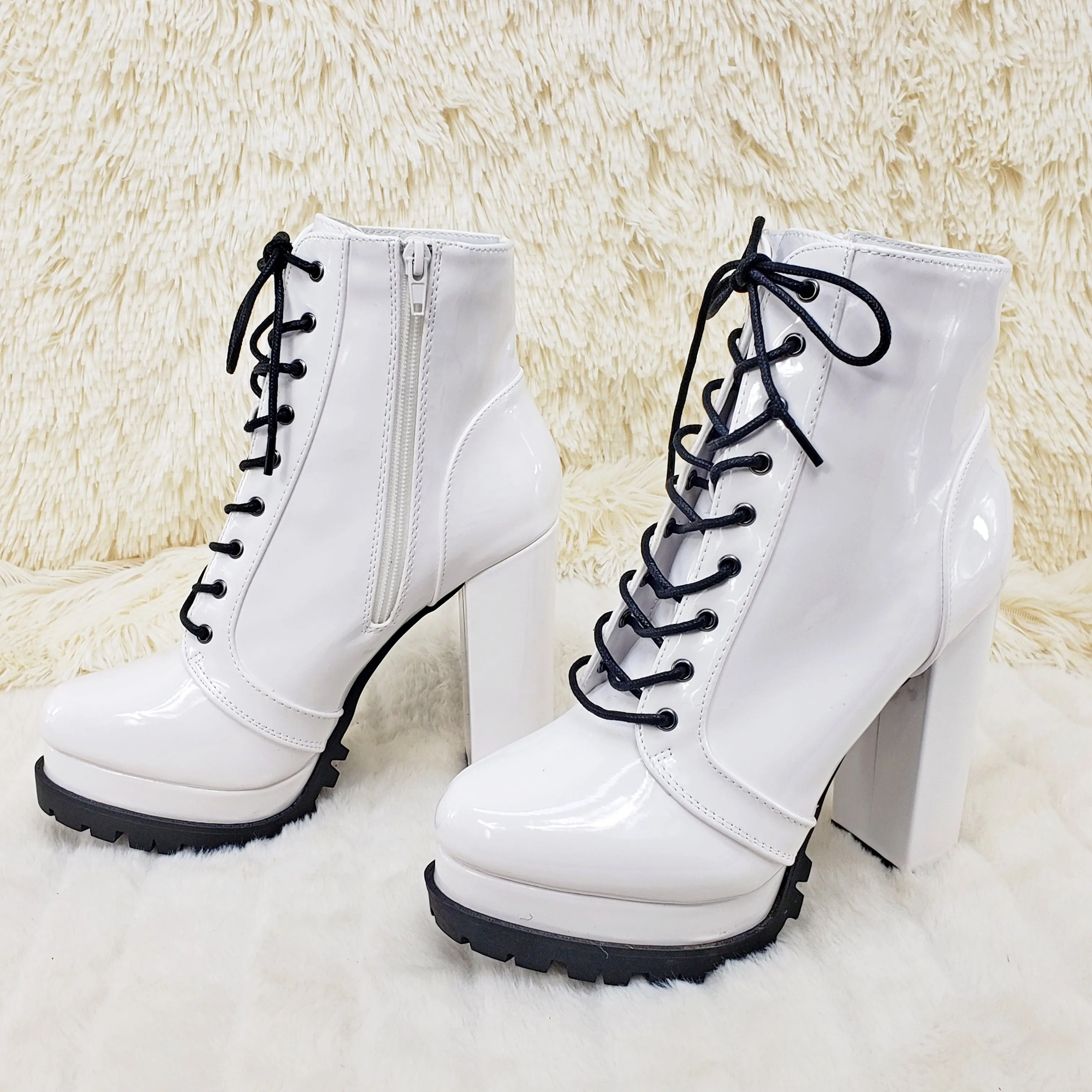 Wild Diva Vivian White Patent Chunky Heel Platform Ankle Boots