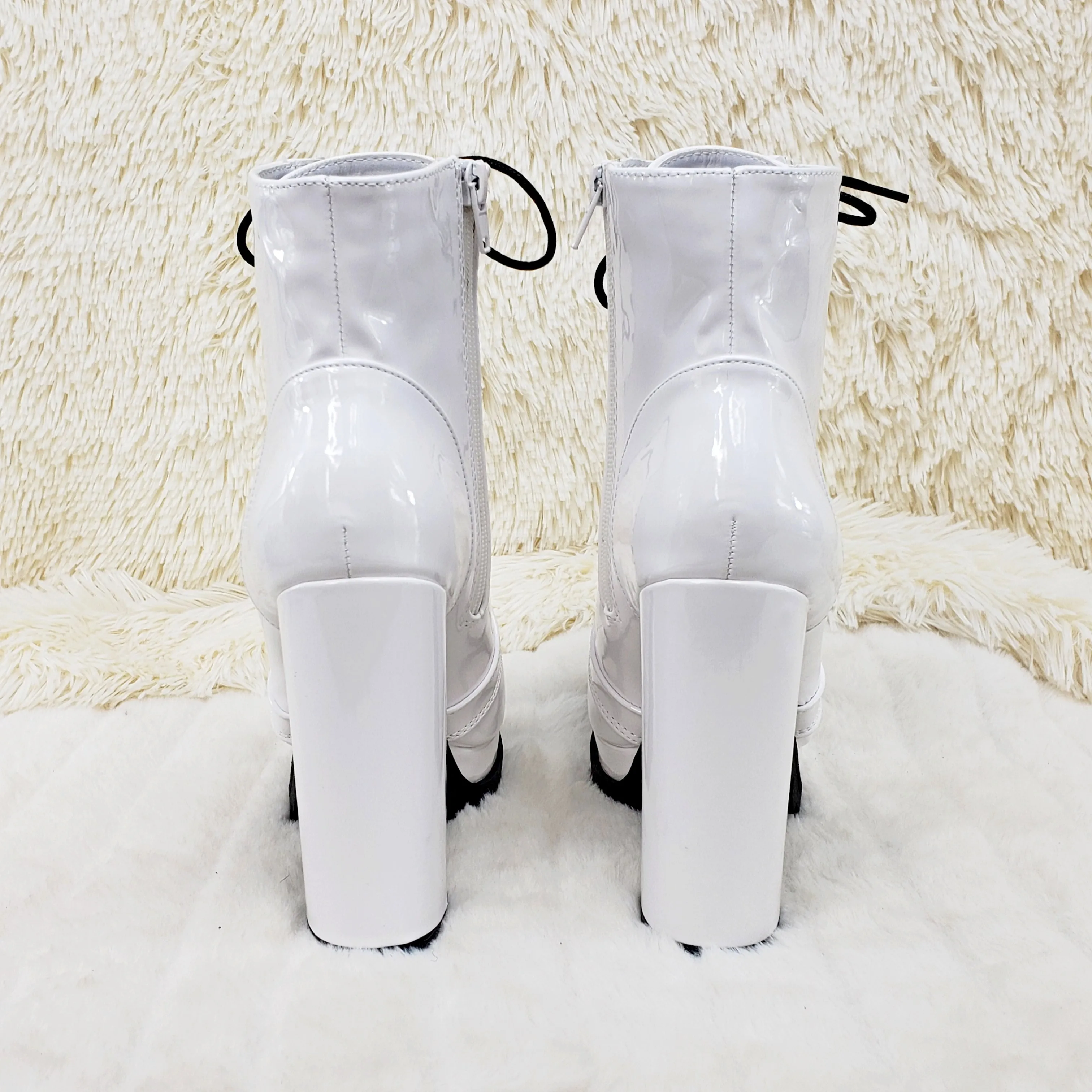 Wild Diva Vivian White Patent Chunky Heel Platform Ankle Boots