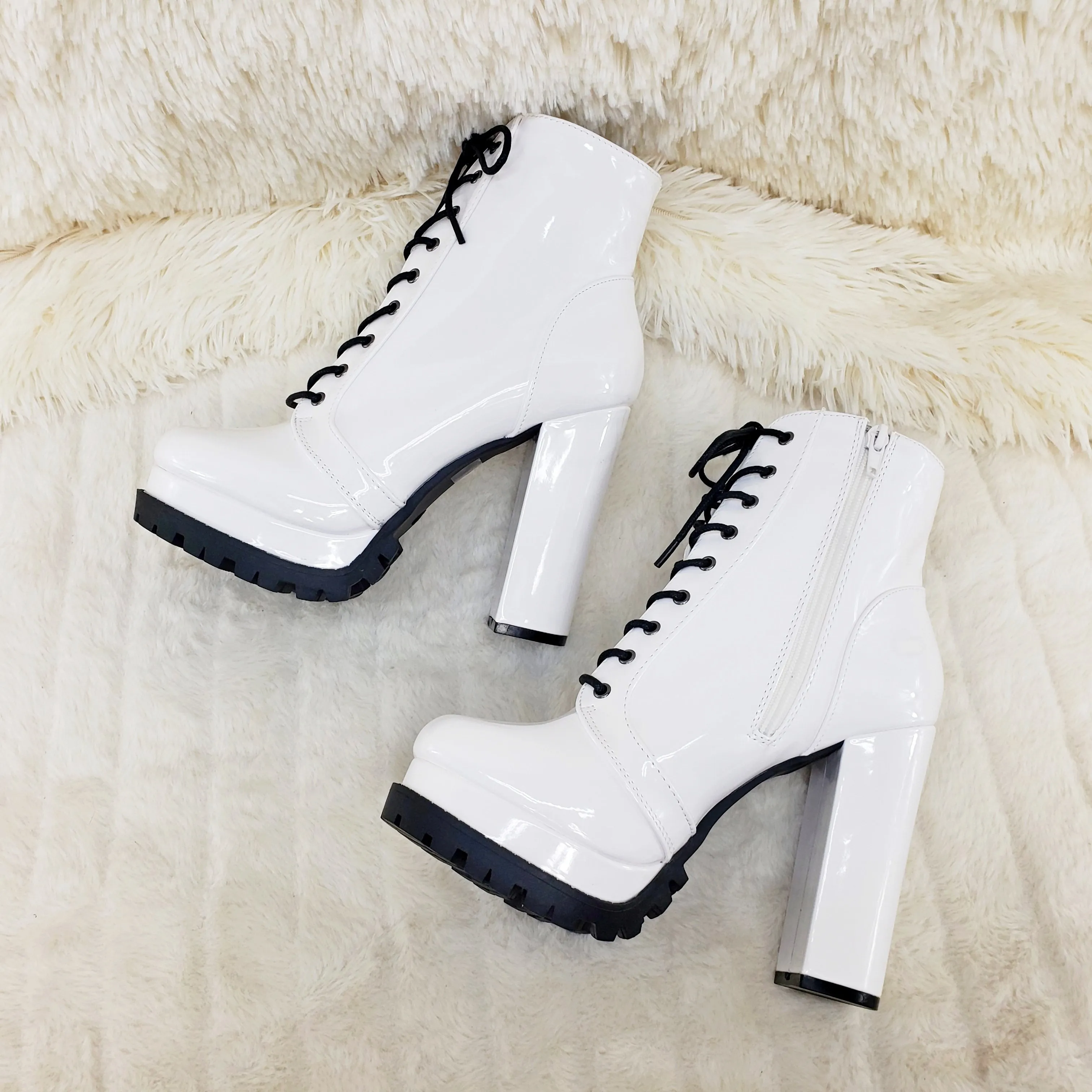 Wild Diva Vivian White Patent Chunky Heel Platform Ankle Boots