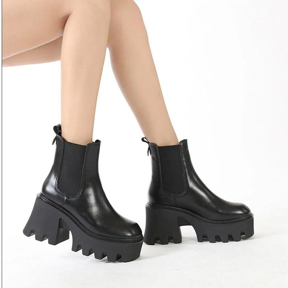 Women Motorcycle Boots Square High Heels Thich Platform Ankle Boots