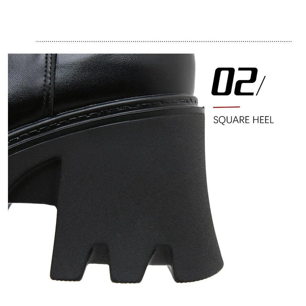 Women Motorcycle Boots Square High Heels Thich Platform Ankle Boots
