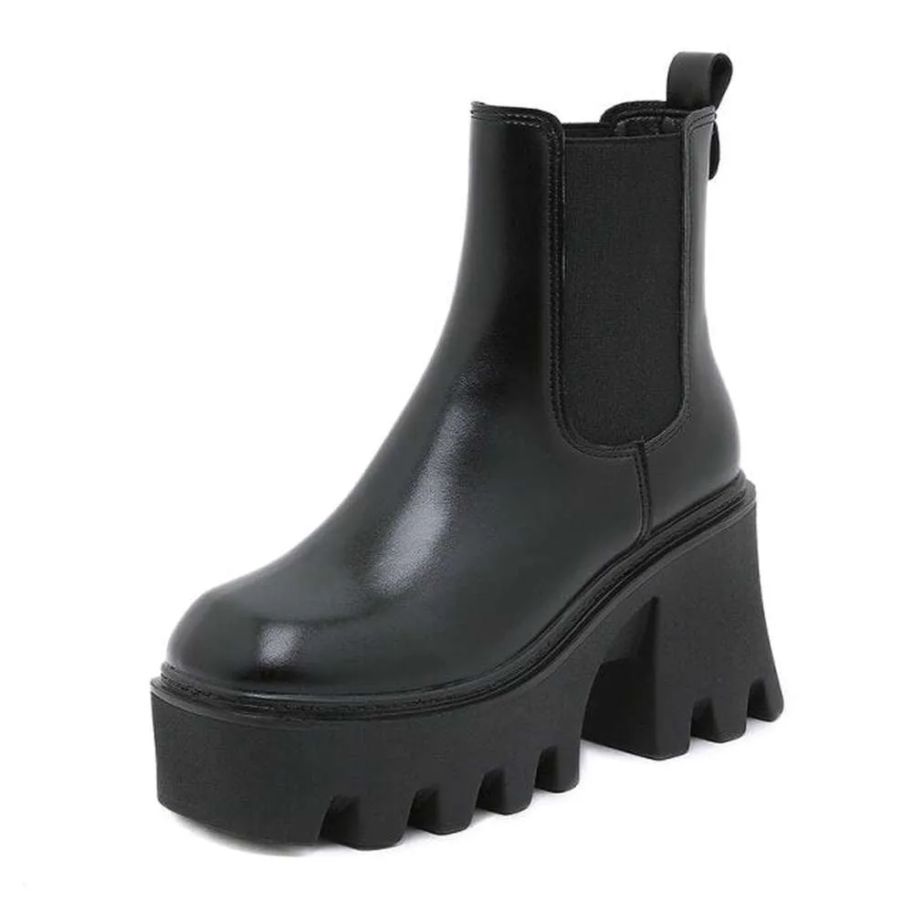 Women Motorcycle Boots Square High Heels Thich Platform Ankle Boots