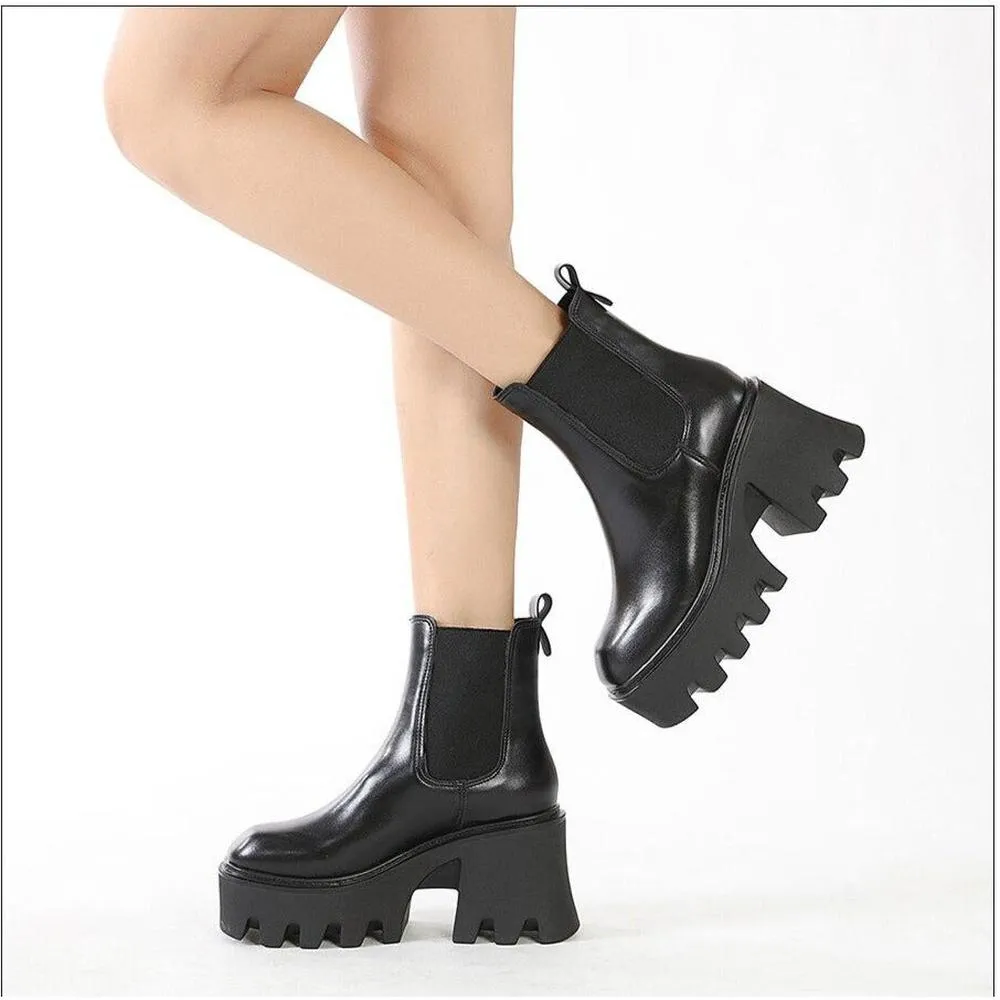 Women Motorcycle Boots Square High Heels Thich Platform Ankle Boots